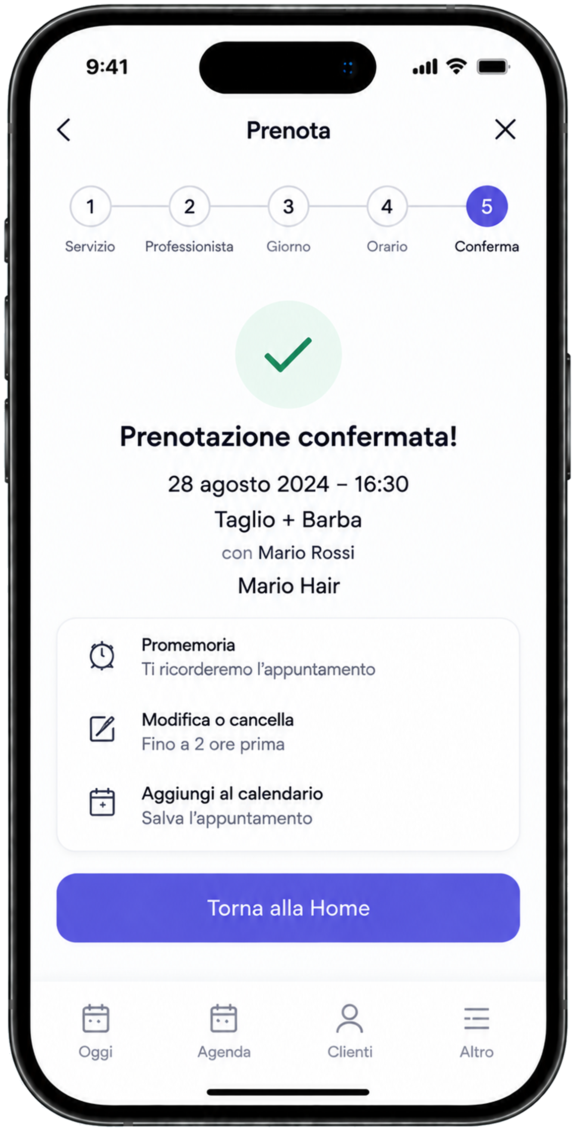 Conferma di una prenotazione nell'app Agendo