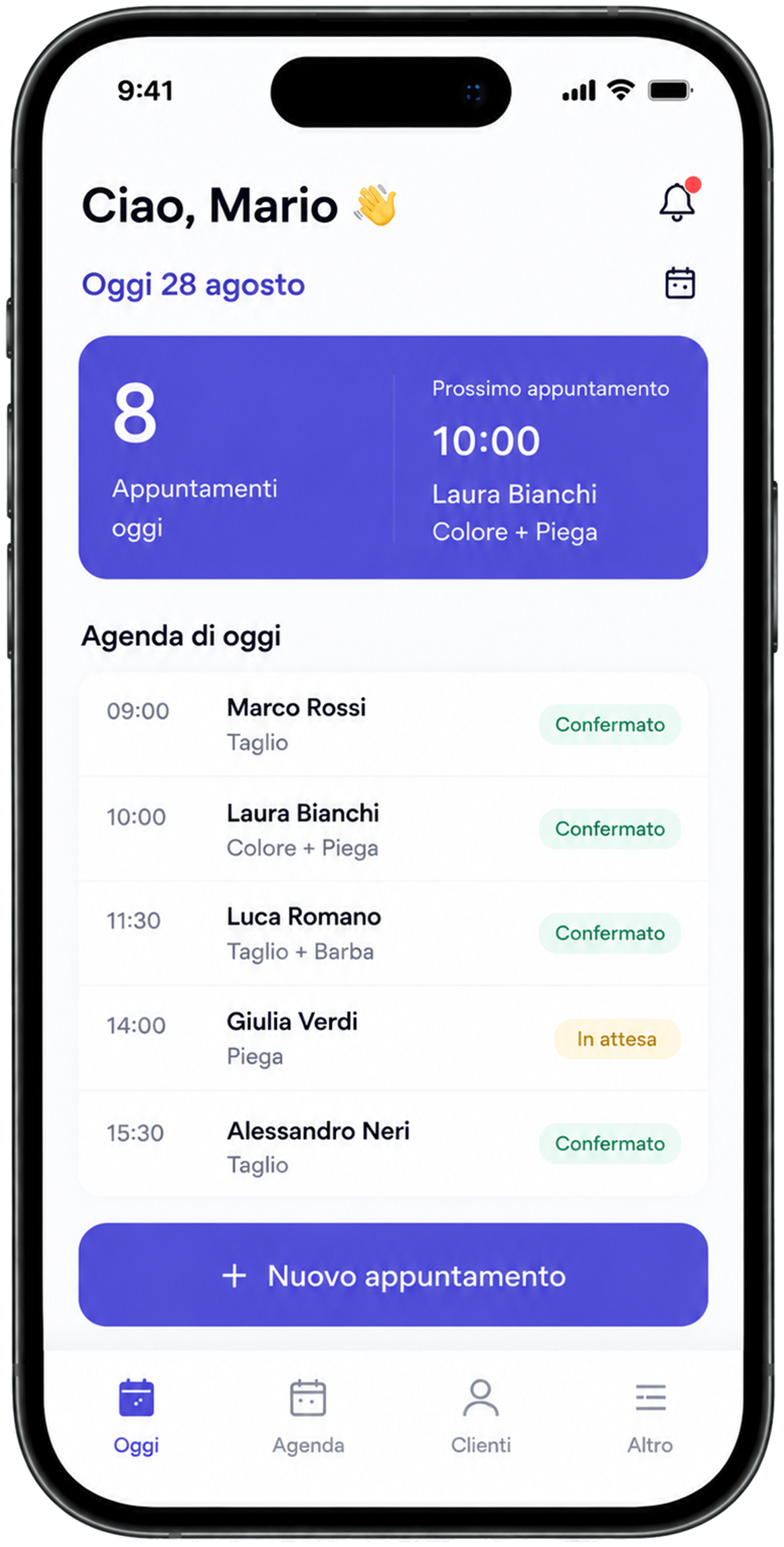 Home professionista di Agendo con le prenotazioni della giornata